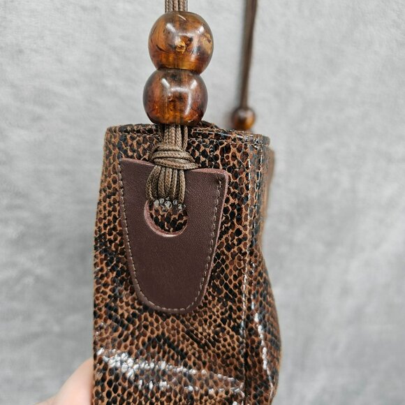 Basix New York Snake Print Textured Leather Shoulder Bag Brown Black Beads Strap - Picture 13 of 14
